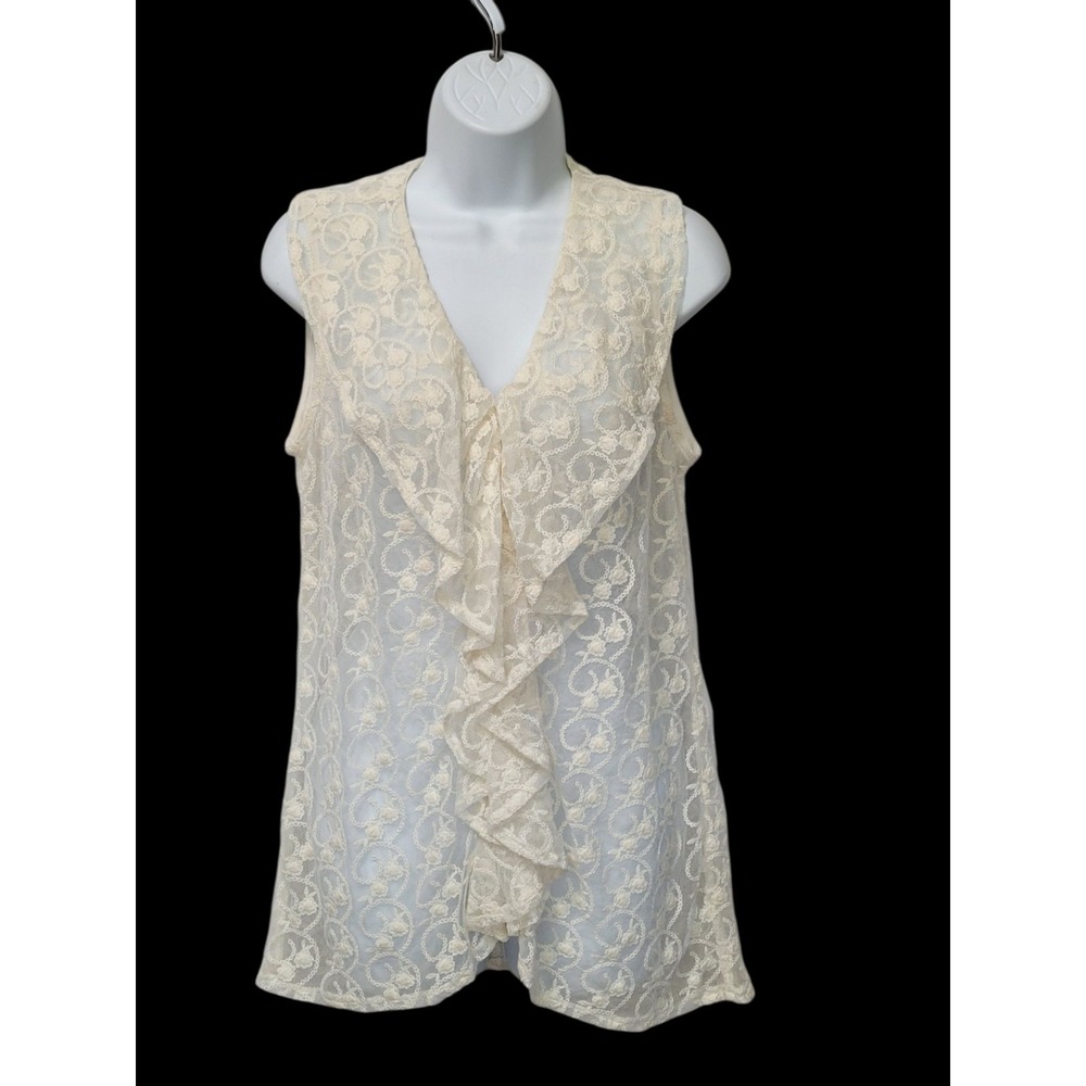 Sharon Young Womens Blouse M Lace Sheer Ruffles Sleeveless Zip Ivory Cottagecore